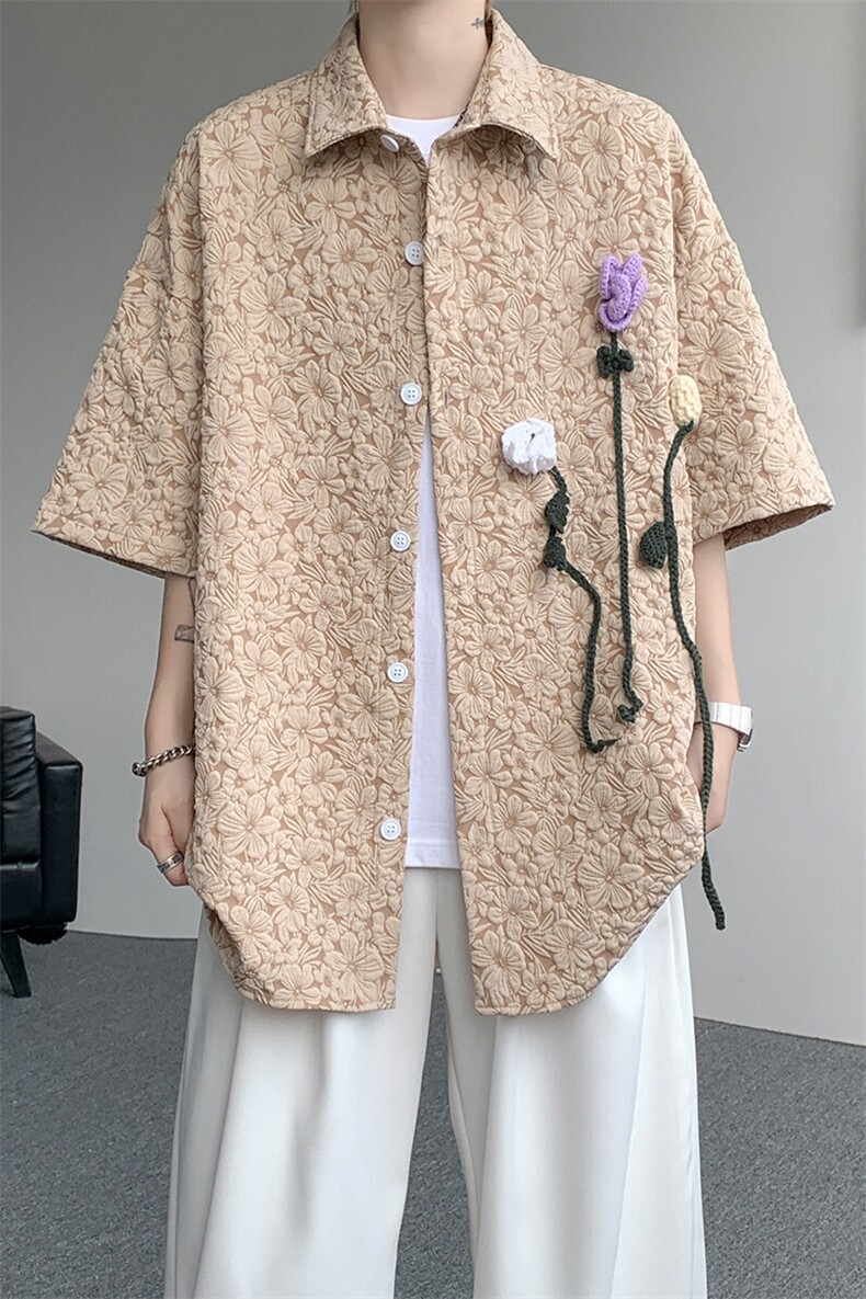 夏季法式小众肌理感衬衫短袖原创立体花朵衬衣多巴胺外套男CS531,男装衬衫,电商D206-1