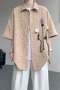 夏季法式小众肌理感衬衫短袖原创立体花朵衬衣多巴胺外套男 CS531图片