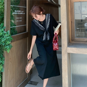 黑色韩版慵懒风松弛感印花披肩连衣裙女2025夏季新款时尚T恤长裙图片