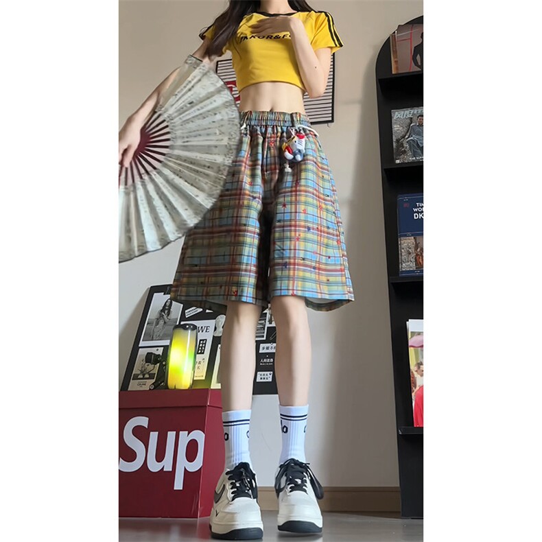 现货A798-特P30控58格子短裤休闲裤五分裤送腰绳KT猫挂饰,男装牛仔裤,电商B335