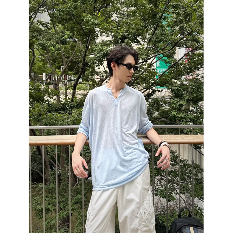 C316T99P48初秋新款天丝透气V领长袖T恤防晒打底衫性感,男装防晒衣,电商C316