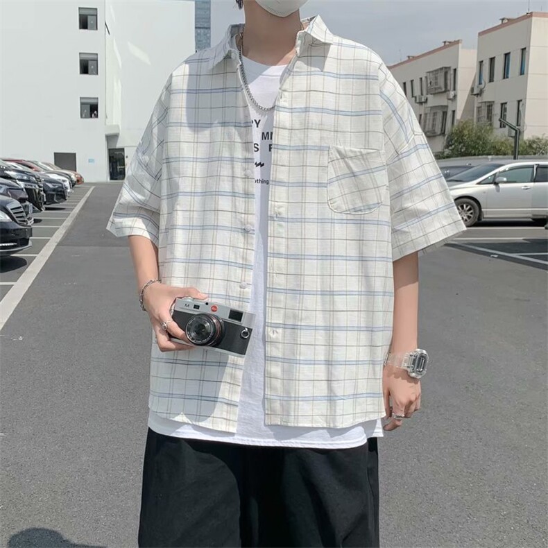 短袖衬衫男潮牌格子衬衣夏季宽松休闲痞帅港风半袖上衣CS661-P30图片
