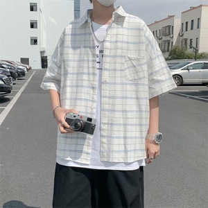 短袖衬衫男潮牌格子衬衣夏季宽松休闲痞帅港风半袖上衣CS661-P30图片