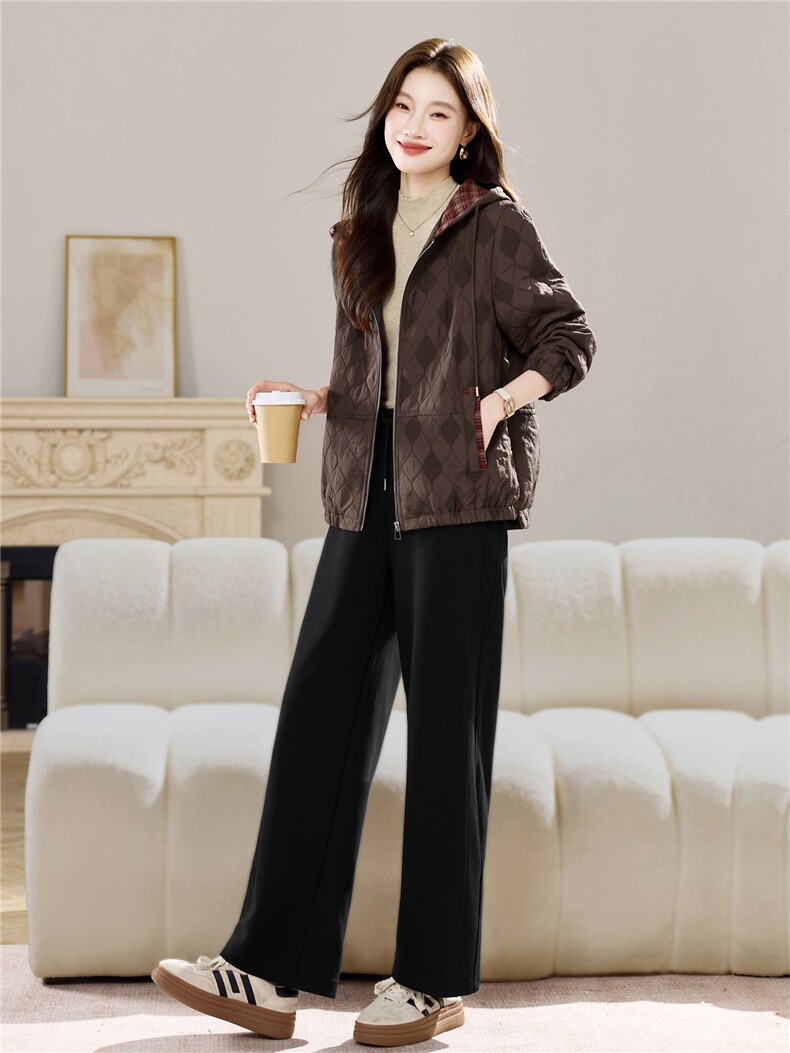 长期现货妈妈春秋早冬夹棉服时尚格子连帽外套短中老年两件套装女,女装套装/套裙,璐依舞