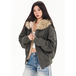现货重磅boxy短款棉衣座山雕大毛毛领男女棉服水洗工装厚外套图片