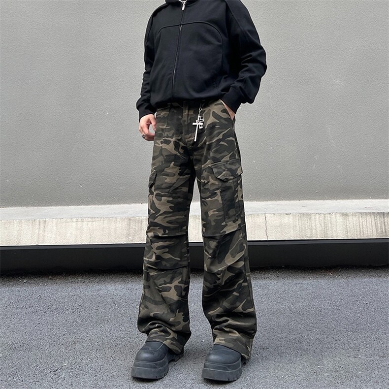 潮流美式复古褶皱多口袋迷彩工装裤男设计感显瘦直筒微喇叭裤子，男装牛仔裤，星座506A