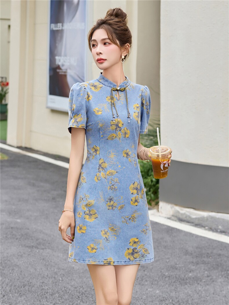 8903-878夏季新款韩版2025宽松休闲短袖翻领黄花牛仔连衣裙女,女装连衣裙,依多米