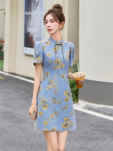 8903-878夏季新款韩版2025宽松休闲短袖翻领黄花牛仔连衣裙女图片
