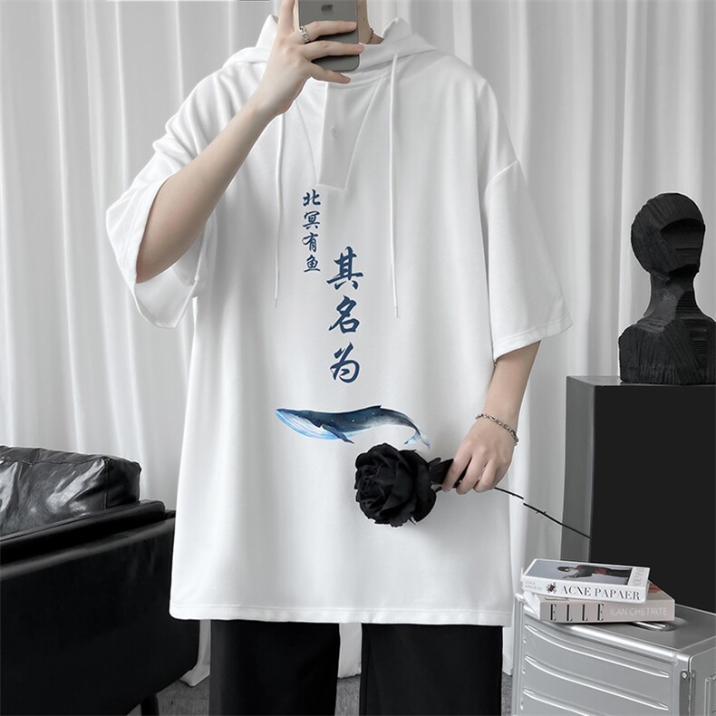 LD54261-P45连帽短袖t恤男大码胖子带帽五分袖中袖,男装T恤,电商A040