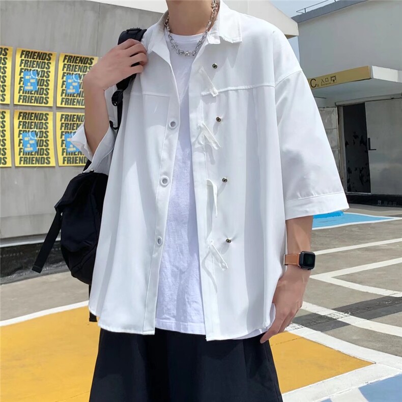 克莱因蓝潮衬衫男夏季设计感小众上衣ins冰丝七分袖C4071P28,男装衬衫,星座1116-2