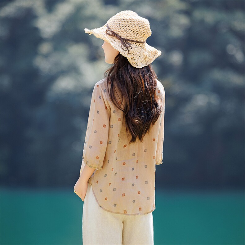 2026年夏春季女短袖苎麻文艺/优雅文艺风,女装衬衫,江南依恋