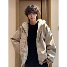 美式连帽皮毛一体棉服男款冬季加绒加厚皮衣棉衣外套YM6047特批90，男装皮衣，四季星座505