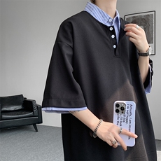 8XL-M假两件衬衫领短袖T恤大码夏季条纹拼接polo衫半袖DX1211/P45，男装T恤，电商B238