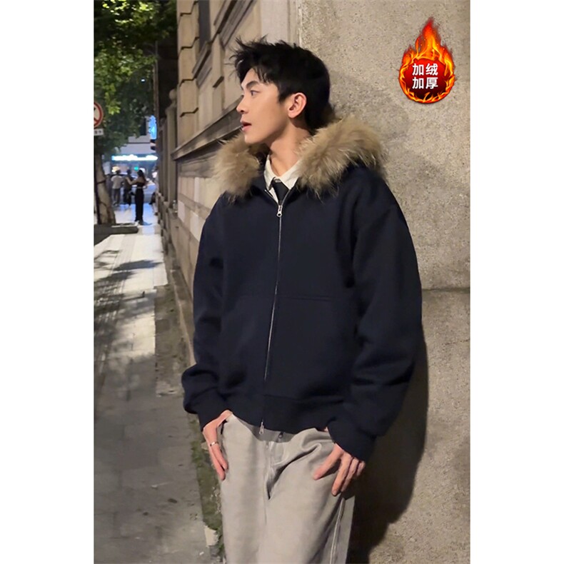 加绒卫衣连帽大毛领港风双拉链开衫外套男女款5D4098-TP75118,女装短外套,电商A102
