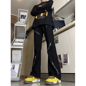 美式高街暗黑宽松微喇叭黑色牛仔裤多拉链小众设计感男女休闲裤子,女士长袖卫衣穿搭图片