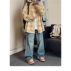 6049-P45春秋季复古潮流格子长袖衬衫男士上衣休闲刺绣衬衣外套，男装衬衫，电商B323A