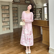 2026春季新款温柔风粉色系带针织衫+碎花吊带裙两件套韩系显瘦，女装套装/套裙，艾米莉亚