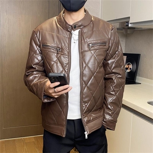 68708-P115菱形格高级感PU皮棉服男保暖防风机车棉衣工装棉袄潮图片