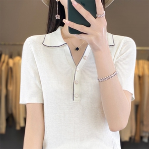 24夏季新款POLO领冰丝针织短袖女拼色纽扣T恤上衣宽松半袖打底衫图片