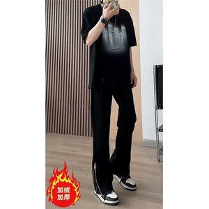 美式微喇牛仔裤加绒直筒裤子高街vibe开叉拉链长裤K8001-P46网图图片