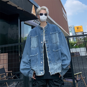 做旧复古渐变毛边牛仔外套男高级感小众休闲工装夹克 W7867-P54图片