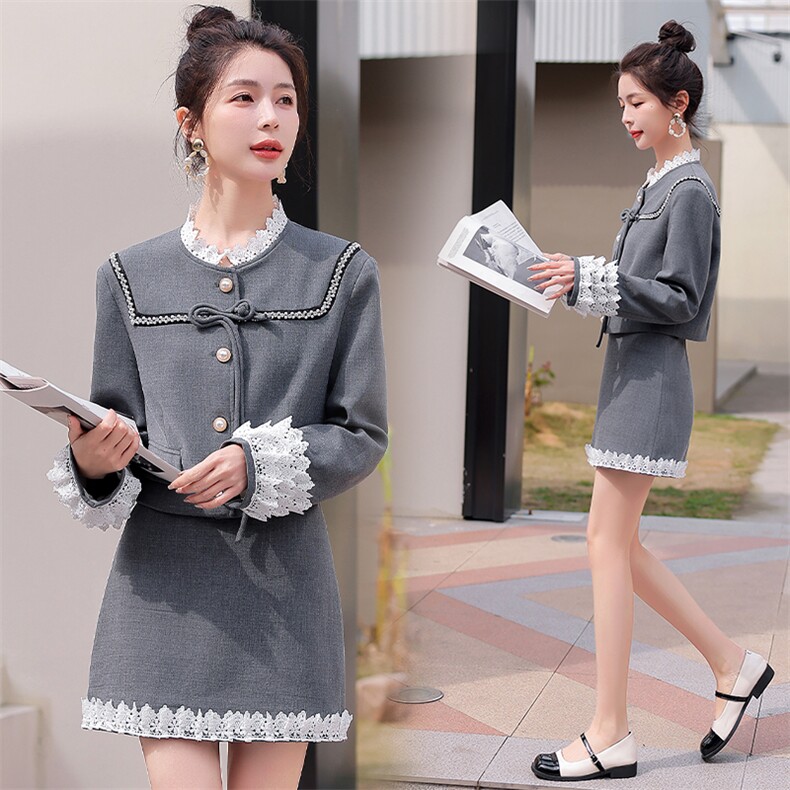 2023年春夏季新款小香风法式两件复古盘扣花边小外套+半身裙套装，女装套装/套裙，韩蜜菓