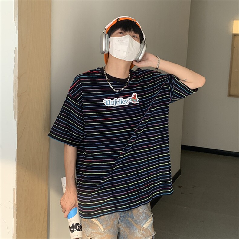 特P35无差价新款夏季时尚条纹绣花潮流短袖T恤-UF3T2003港风,男装T恤,电商A003