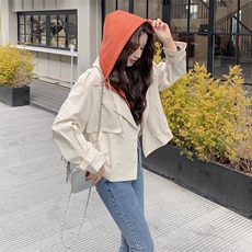 短款小个子风衣女新款早春秋季宽松撞色拆卸帽高级感气质外套，女装风衣，鑫源服饰