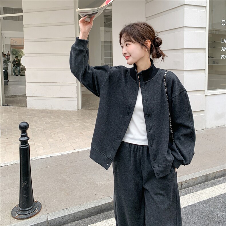 灰色松弛感加绒加厚立领卫衣两件套女2025冬季新款学院风显瘦卫裤,女装套装/套裙,艾米莉亚