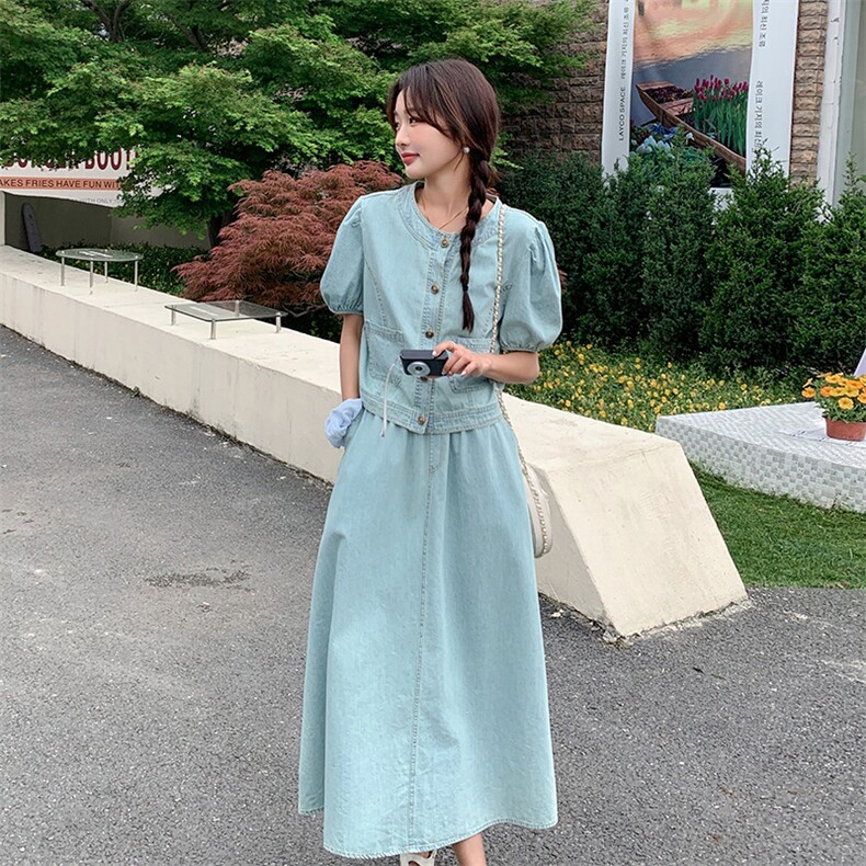 现货：复古泡泡袖松紧高腰牛仔套装2C105-8858-P140-K198,女装套装/套裙,2C105