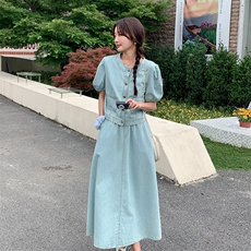 现货：复古泡泡袖松紧高腰牛仔套装2C105-8858-P140-K198，女装套装/套裙，2C105