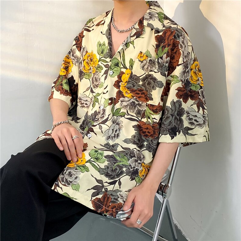 日系五分袖春夏季新款衬衫潮流慵懒男方领宽松型衬衫C1326P30,男装衬衫,星座1116-2