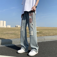 美式hiphop牛仔裤子四季款破洞字母涂鸦潮流休闲牛仔，男装牛仔裤，星座1018A