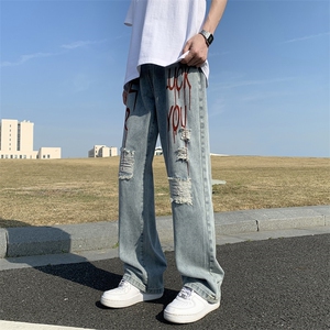 美式hiphop牛仔裤子四季款破洞字母涂鸦潮流休闲牛仔图片