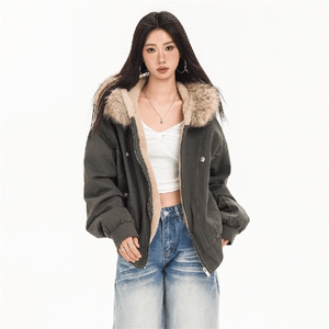 现货重磅boxy短款棉衣座山雕大毛毛领男女棉服水洗工装厚外套图片