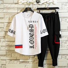 2023夏季男士新款运动休闲短袖套装印花短袖T恤套装男F173P75，男装休闲套装，电商A086