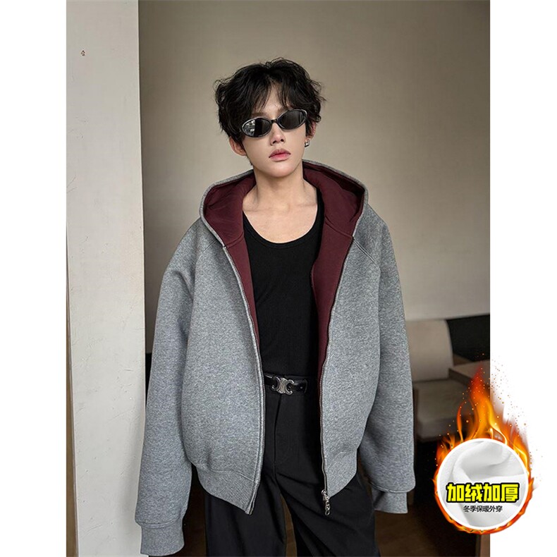 480G重磅加绒硬挺boxy 男女秋冬美式高街双层双面卫衣开衫厚外套图片