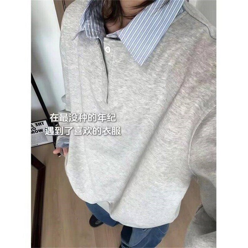 假两件撞色拼接衬衫领卫衣男女长袖宽松情侣设计感上衣Y66244-P48图片