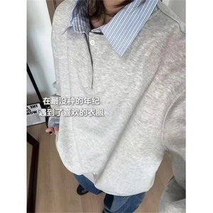假两件撞色拼接衬衫领卫衣男女长袖宽松情侣设计感上衣Y66244-P48图片