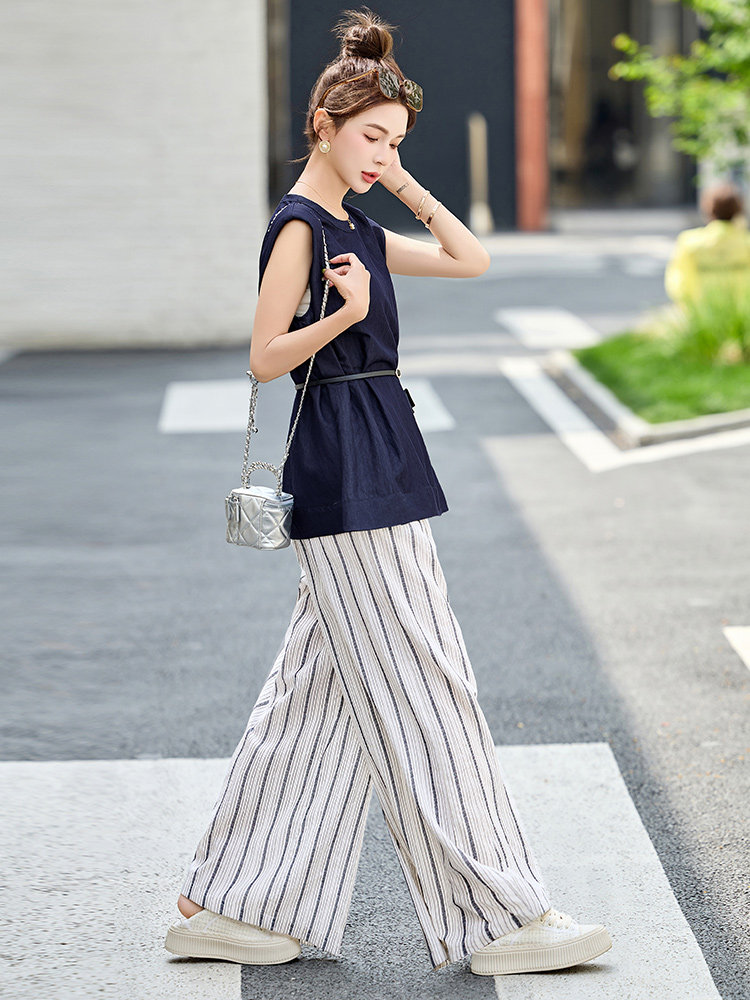 时尚条纹阔腿裤两件套女2025新款夏季无袖背心轻熟风休闲气质套装,女装套装/套裙,众宇琦
