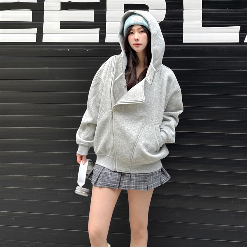 抖音得物品质26春装美式重磅结构斜拉链高领连帽卫衣开衫外套W61,女装短外套,电商A486