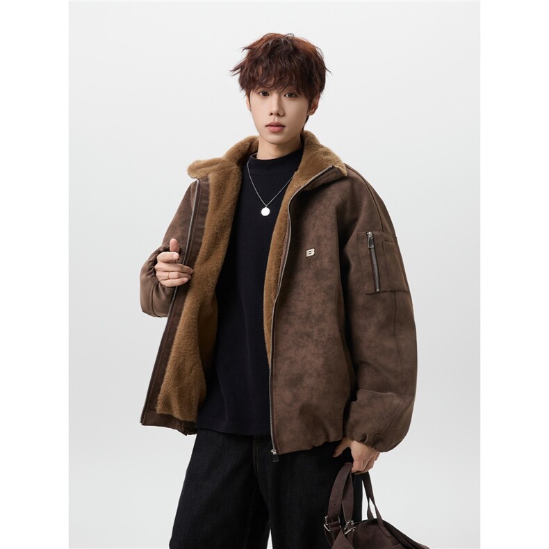美式pu皮加绒翻领棉服外套男冬季加厚机车棉衣潮牌高级感保暖棉袄，男装皮衣，星座1210-1