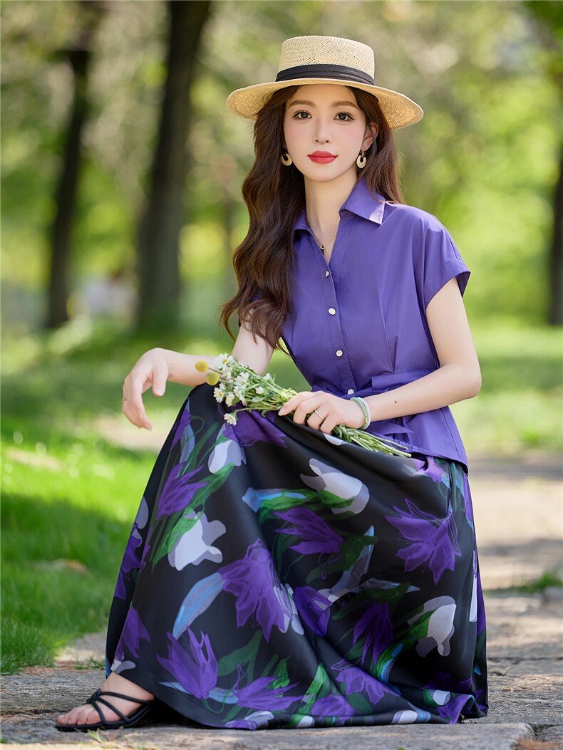 紫色印花套装女夏新款短袖衬衫半身裙高级感洋气穿搭两件套,女装套装/套裙,水衣源