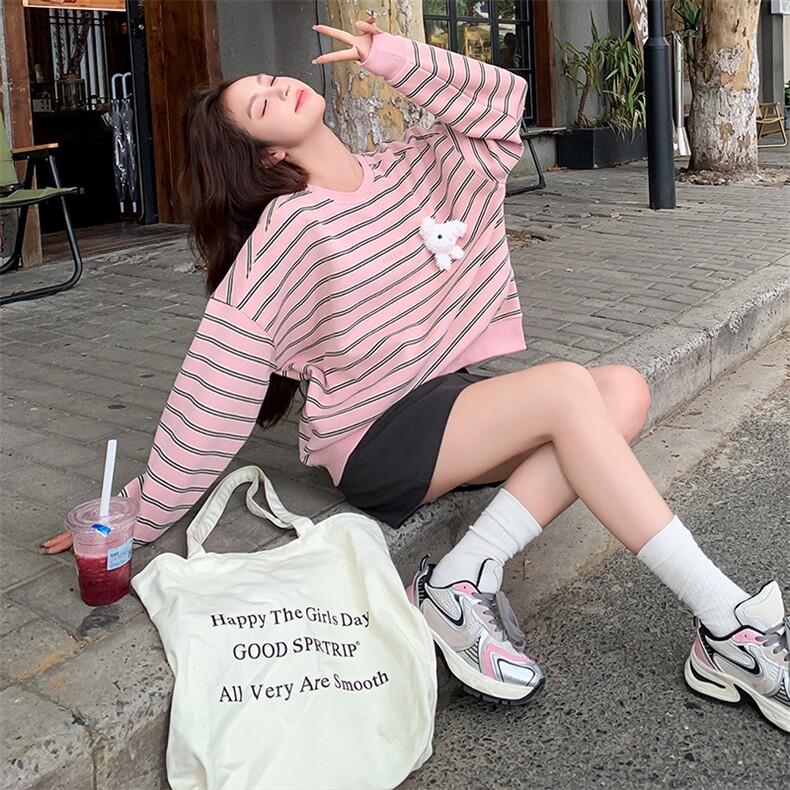 条纹长袖套头针织打底衫卫衣外套女2025春装内搭修身粉色甜美上衣,女装卫衣/绒衫,天使之佳话
