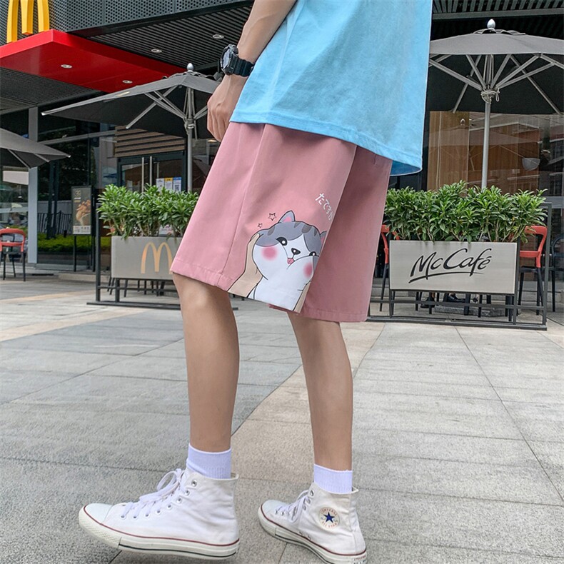 K203P25外景五分裤短裤港风卡通猫印花沙滩裤休闲加大码百搭,男装休闲裤,电商A026-1