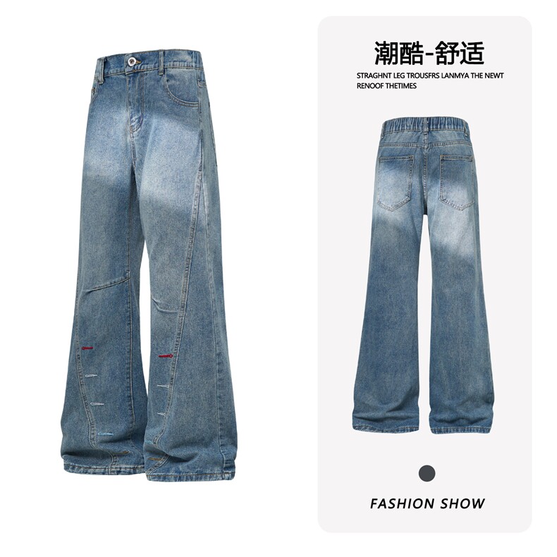 B221美式ins高街暗黑个性扣眼修身微喇牛仔裤LK26655-特P46控78,男装牛仔裤,电商B221