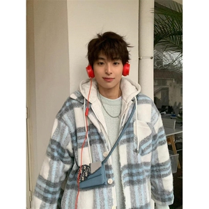 假两件棉服格子外套男秋冬季美式小香风连帽棉衣夹克 WT179图片