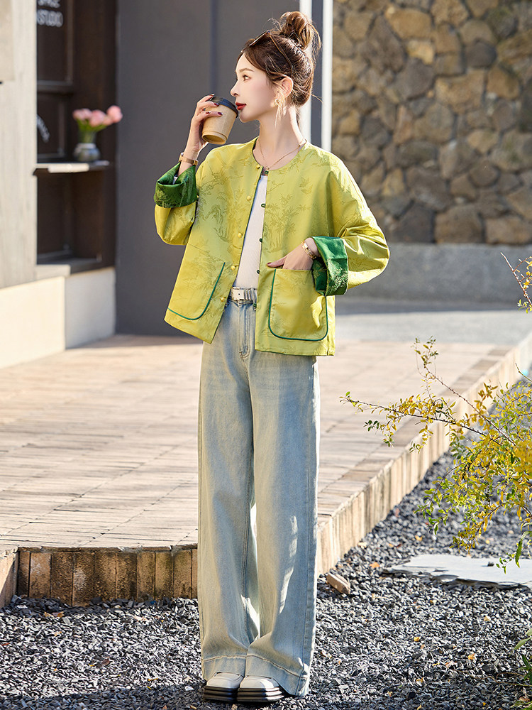 新中式国风提花双面穿外套女2024年春装新款宽松复古气质短款上衣,女装短外套,橙子家