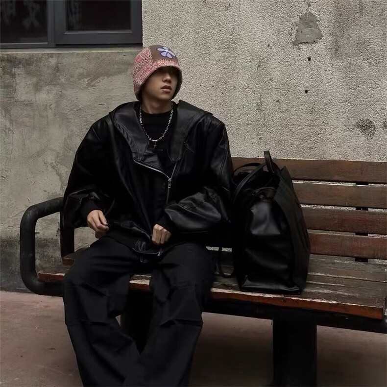 欧美嘻哈街头拉链解构连帽皮衣外套男小众潮牌高级感宽松PU皮夹克,男装夹克,星座506A