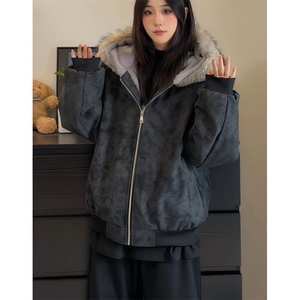 冬季韩式座山雕情侣荔枝纹pu皮大毛领加绒男女加厚棉服 M807图片
